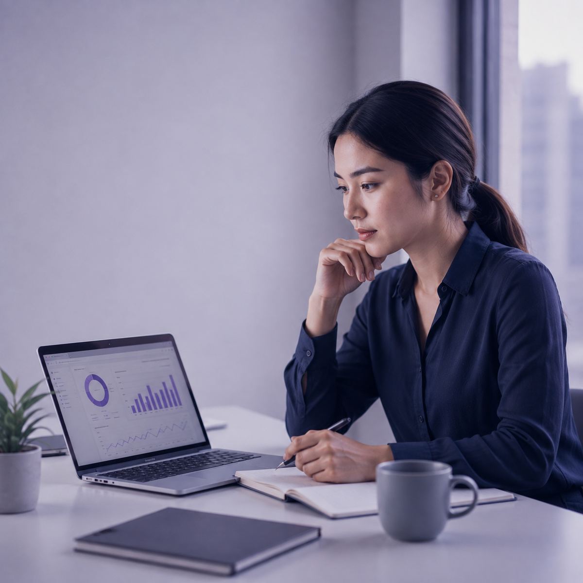 Professional reviewing her skills profile on a laptop