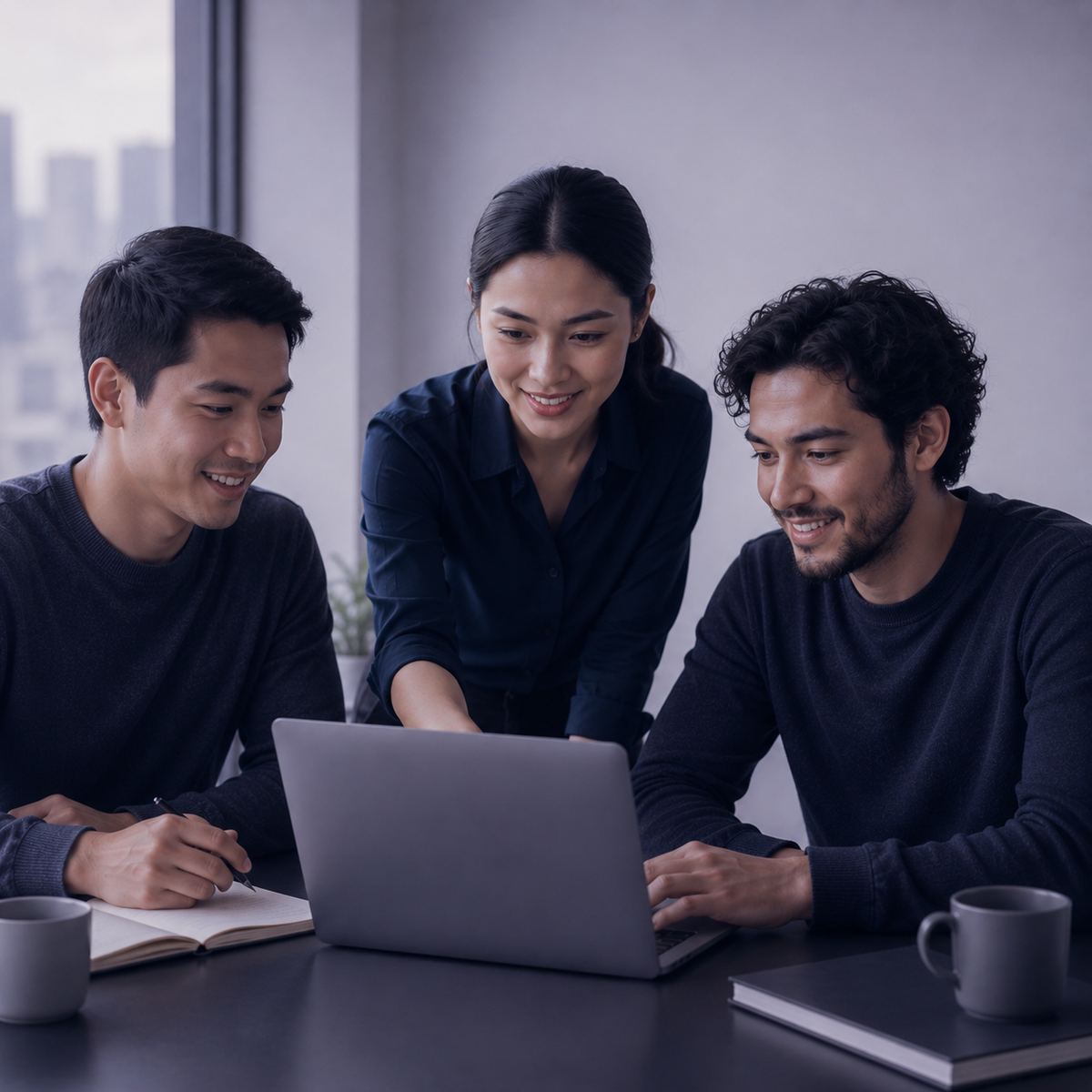 Team collaborating around a laptop on a work challenge
